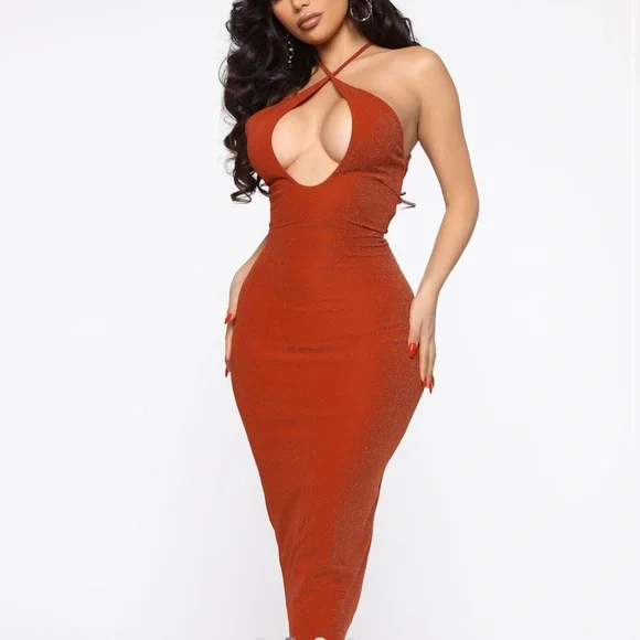Fashion Nova | Dresses | Rust Metallic Midi Dress Medium | Poshmark